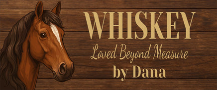 close up of personalized horse stall sign showing illustrated horse head and editable text on wood-style background