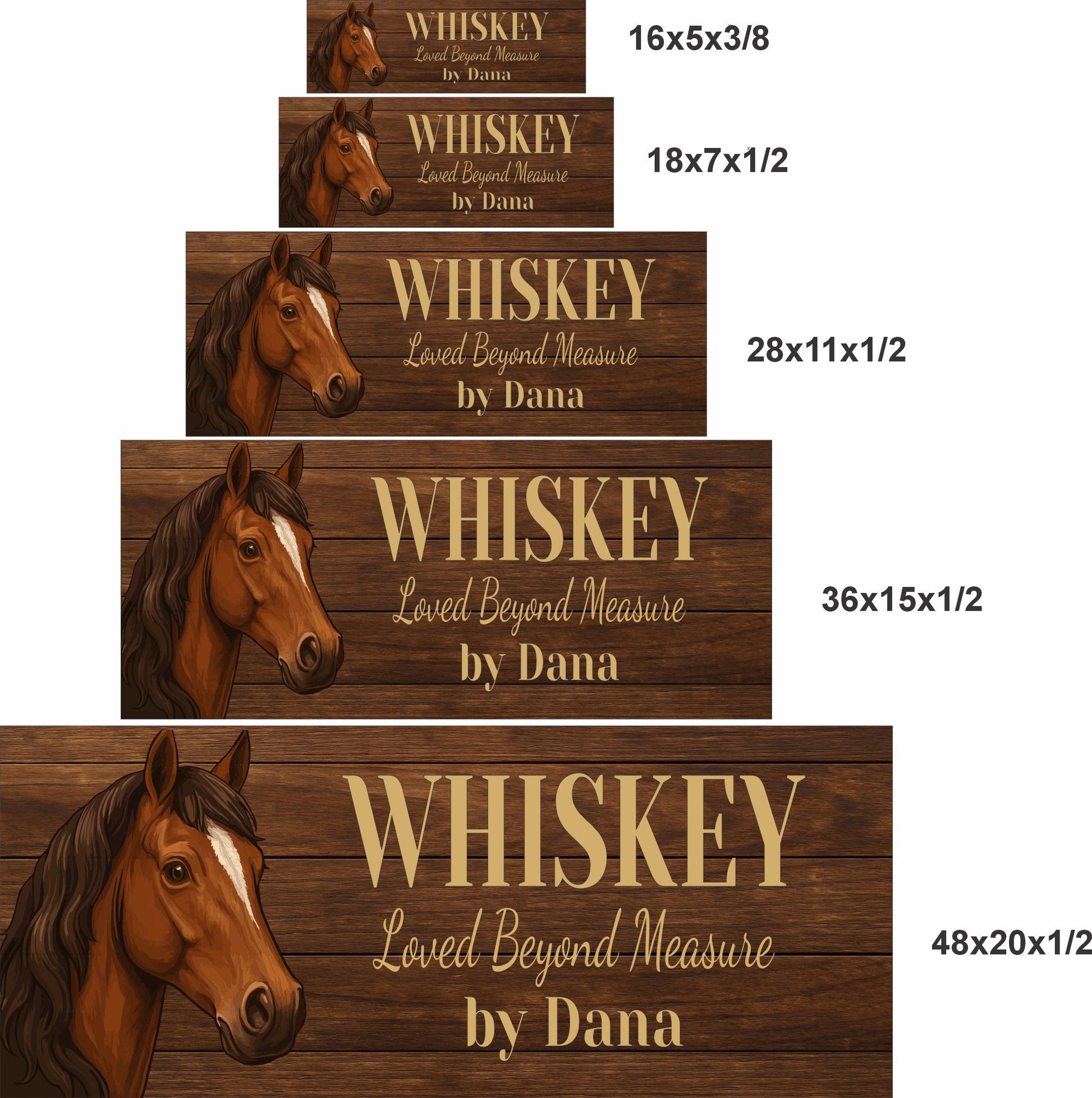 size comparison of five personalized horse stall signs in 16x5, 18x7, 28x11, 36x15, and 48x20 inches showing wood-style design and illustrated horse head