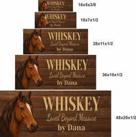 size comparison of five personalized horse stall signs in 16x5, 18x7, 28x11, 36x15, and 48x20 inches showing wood-style design and illustrated horse head