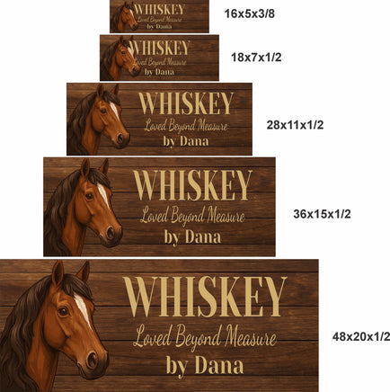 size comparison of five personalized horse stall signs in 16x5, 18x7, 28x11, 36x15, and 48x20 inches showing wood-style design and illustrated horse head