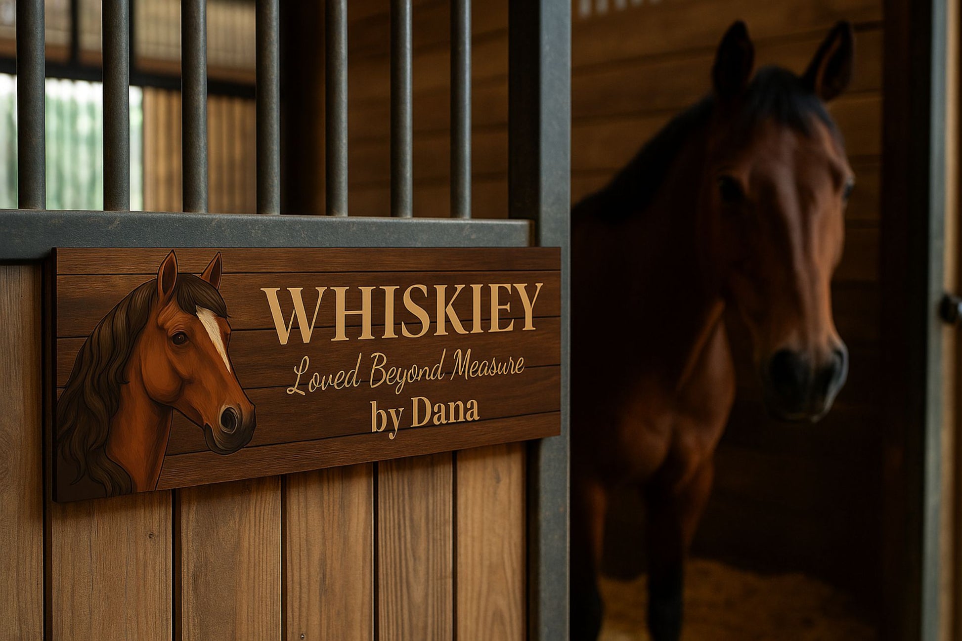 horse stall sign with illustrated horse head and customizable text mounted on a stable wall with a horse standing in the background