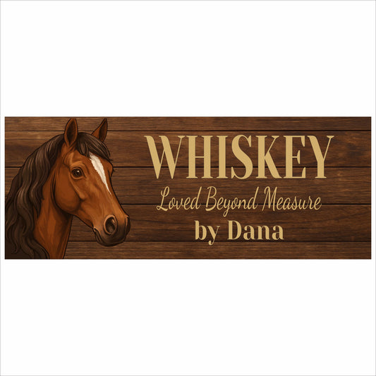 personalized horse stall sign showing illustrated horse head and editable text on wood-style 