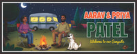 personalized RV campsite sign with Indian couple, dog, campfire, and RV at night, dog breed customizable
