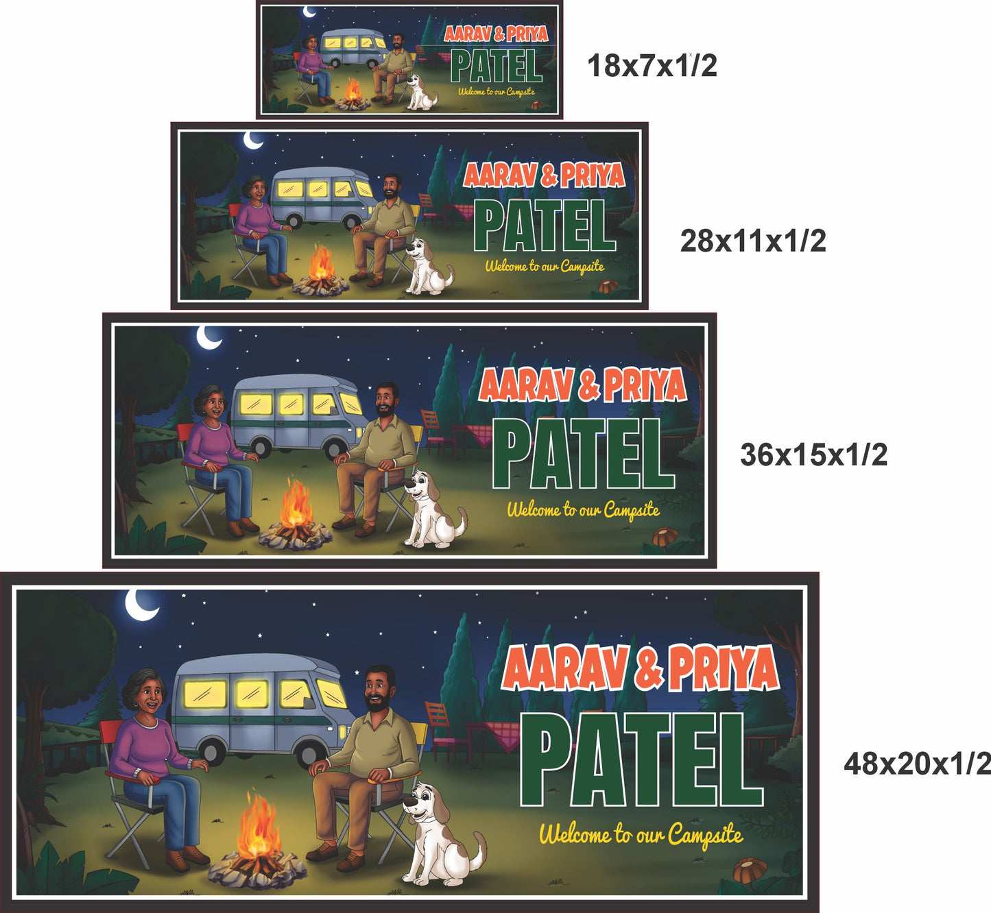 RV campsite sign shown in all four available sizes: 18x7, 28x11, 36x15, and 48x20 inches

