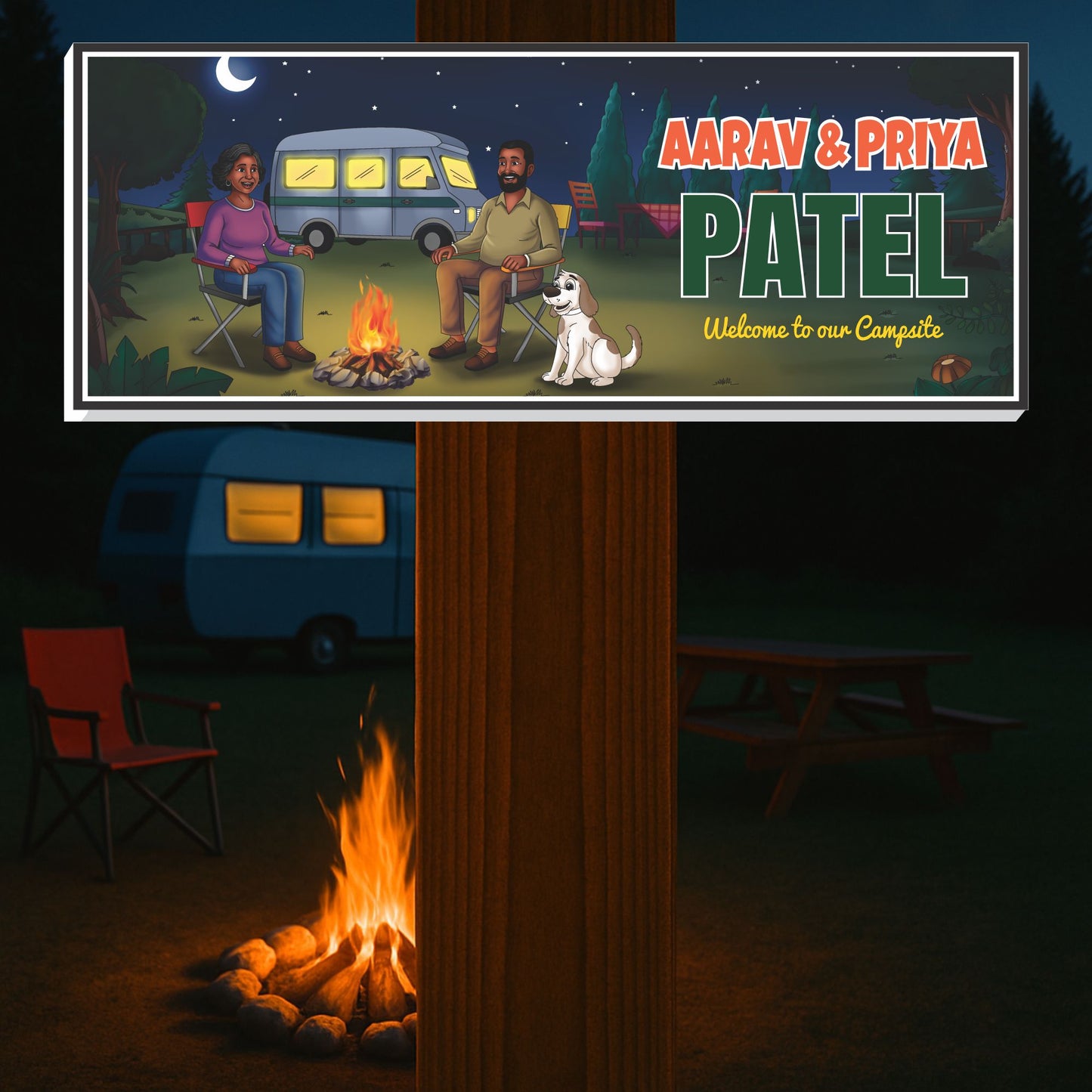RV campsite sign displayed on camper exterior wall at night with campfire glow
