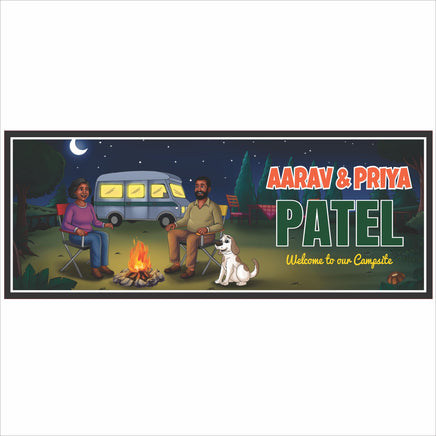 personalized RV campsite sign with Indian couple, dog, campfire, and RV at night, dog breed customizable