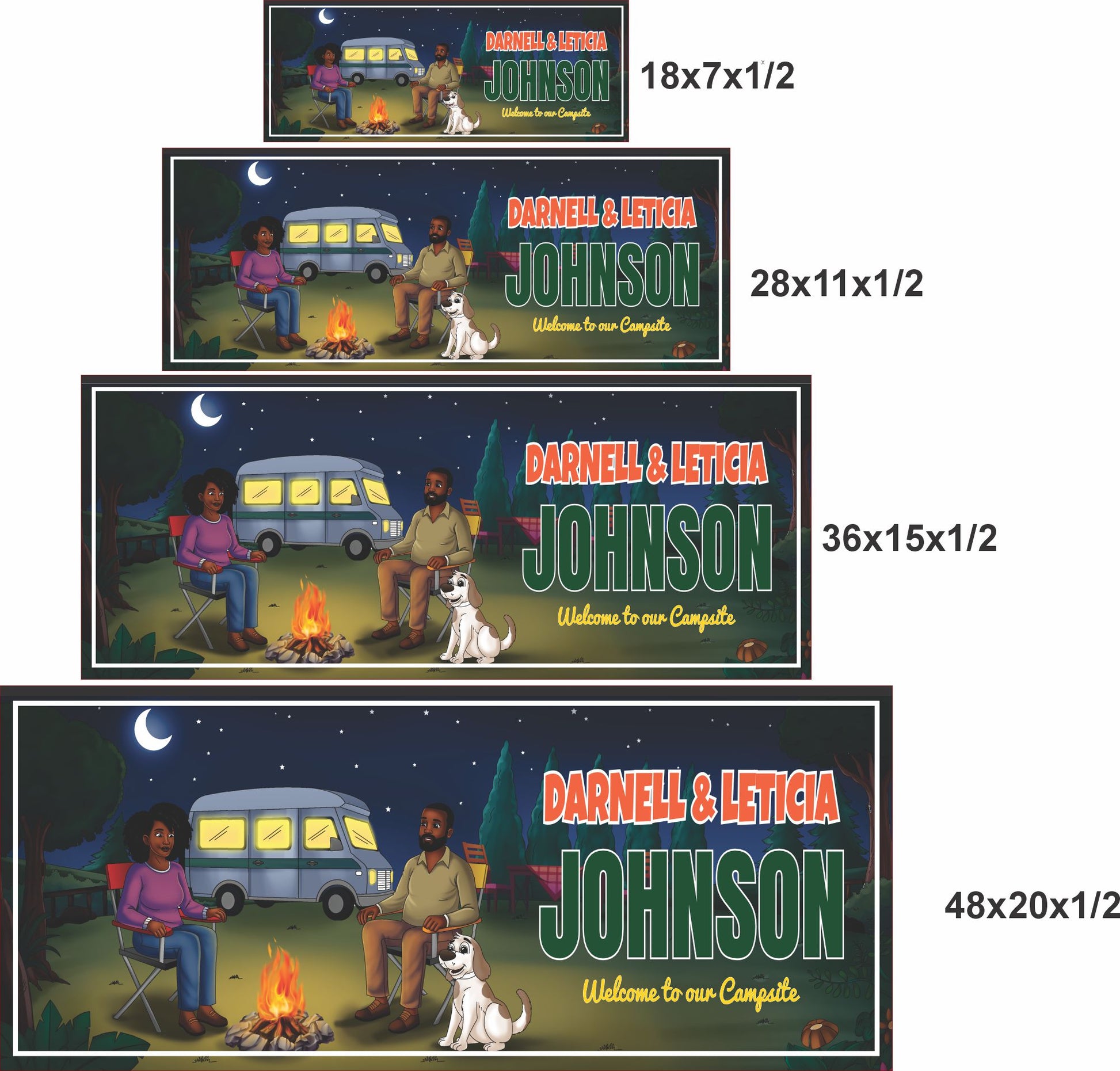 size comparison graphic showing four available RV campsite sign sizes 18×7, 28×11, 36×15, and 48×20