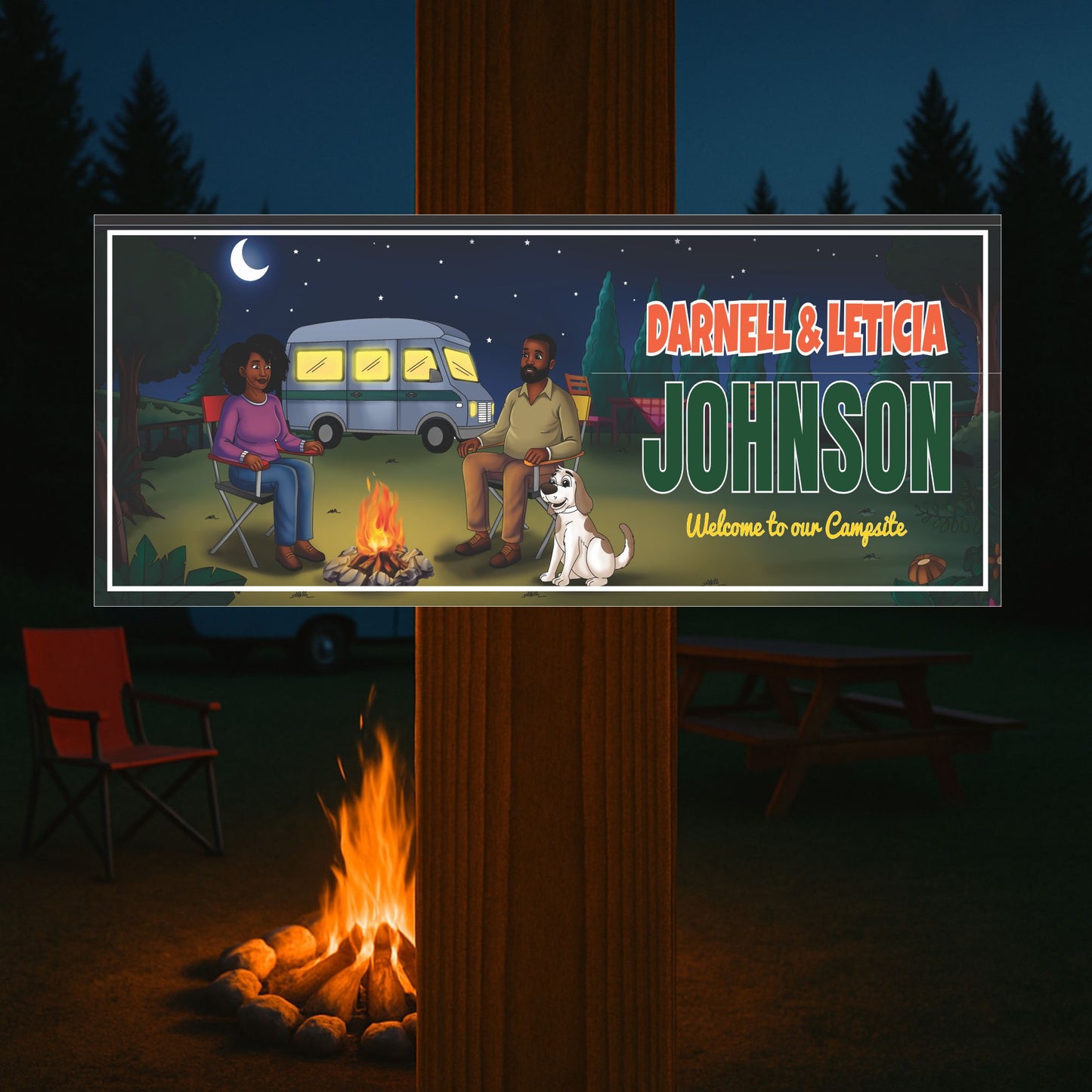 custom RV camping sign shown beside an outdoor campfire in a nighttime campsite setting