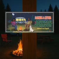 custom RV camping sign shown beside an outdoor campfire in a nighttime campsite setting