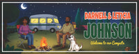 personalized RV campsite sign with Black couple, dog, campfire, and RV at night
