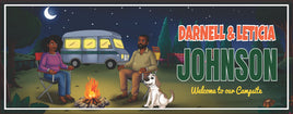 personalized RV campsite sign with Black couple, dog, campfire, and RV at night