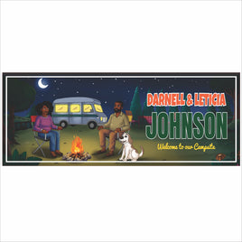 personalized RV campsite sign with Black couple, dog, campfire, and RV at night