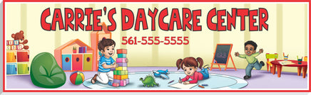 personalized daycare sign with children playing, bright classroom artwork, custom childcare center wall decor