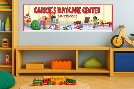 personalized daycare sign displayed on a wall in a children’s playroom with toys and shelves in a preschool setting