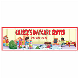 personalized daycare sign with children playing, bright classroom artwork, custom childcare center wall decor