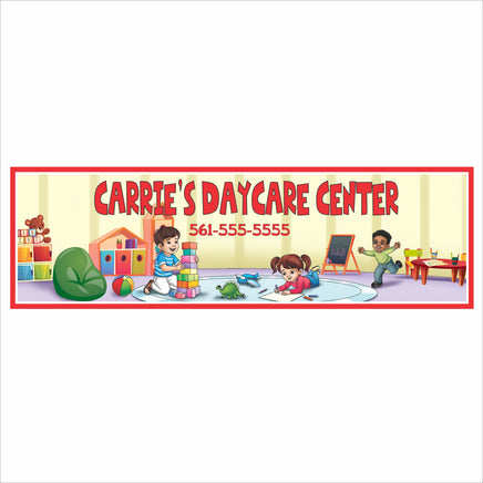 personalized daycare sign with children playing, bright classroom artwork, custom childcare center wall decor
