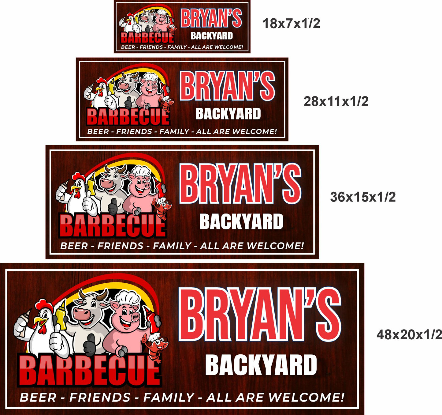 backyard barbecue sign shown in four size options for comparison