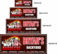 backyard barbecue sign shown in four size options for comparison