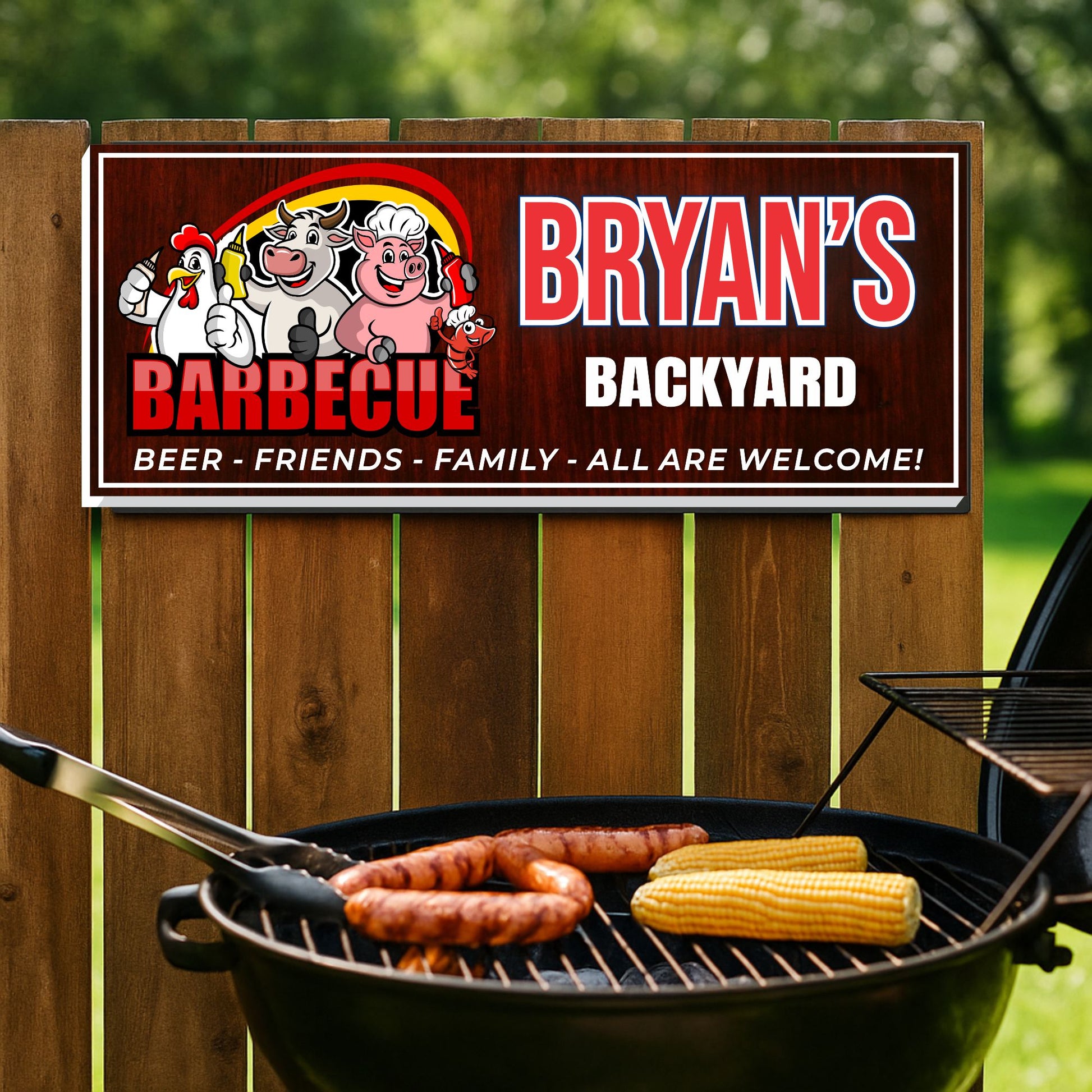 personalized backyard barbecue sign with farm animals hanging on wooden fence above grill with sausages and corn