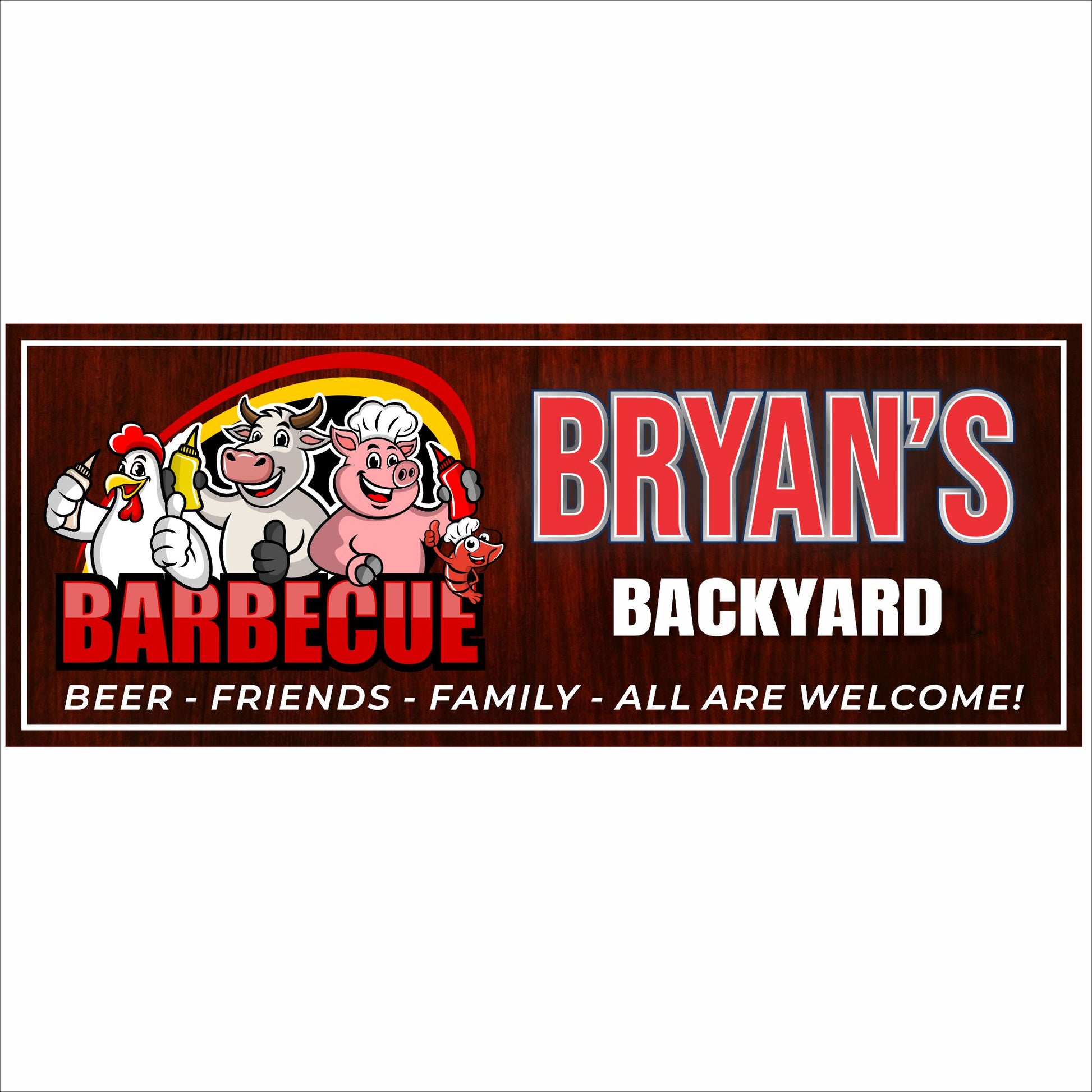 Personalized backyard barbecue sign with cartoon farm animals and the words “Barbecue – Beer, Friends, Family, All Are Welcome,” customizable with any name.
