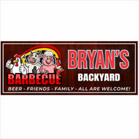 Personalized backyard barbecue sign with cartoon farm animals and the words “Barbecue – Beer, Friends, Family, All Are Welcome,” customizable with any name.