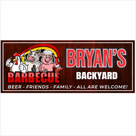 Personalized backyard barbecue sign with cartoon farm animals and the words “Barbecue – Beer, Friends, Family, All Are Welcome,” customizable with any name.
