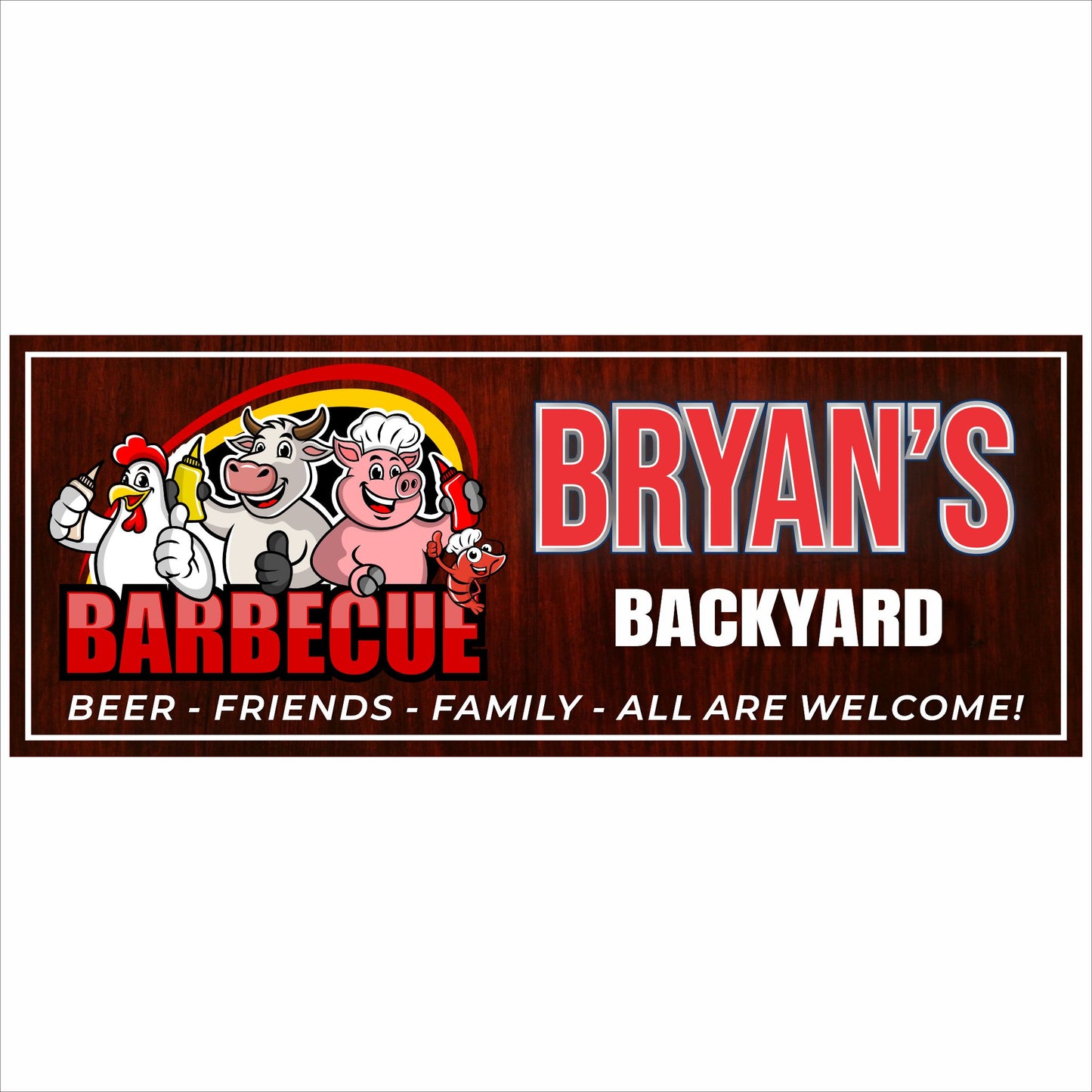 Personalized backyard barbecue sign with cartoon farm animals and the words “Barbecue – Beer, Friends, Family, All Are Welcome,” customizable with any name.