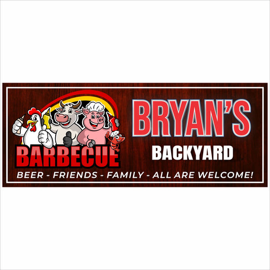 Personalized backyard barbecue sign with cartoon farm animals and the words “Barbecue – Beer, Friends, Family, All Are Welcome,” customizable with any name.