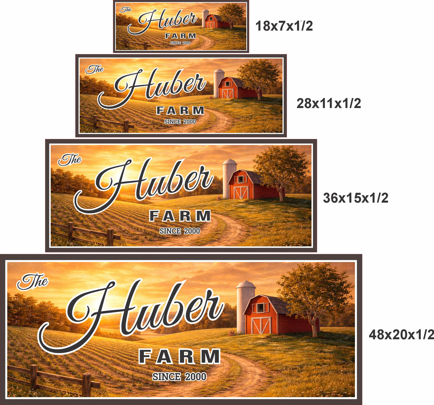 Personalized farm sign shown in four available sizes: 18x7, 28x11, 36x15, and 48x20 inches