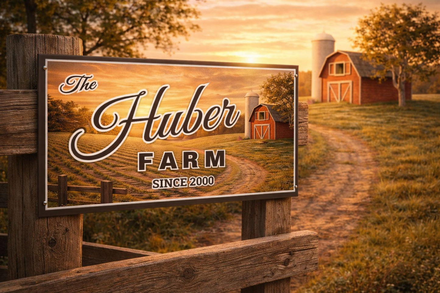 Custom farm sign mounted on a wooden fence with barn and rural landscape in the background