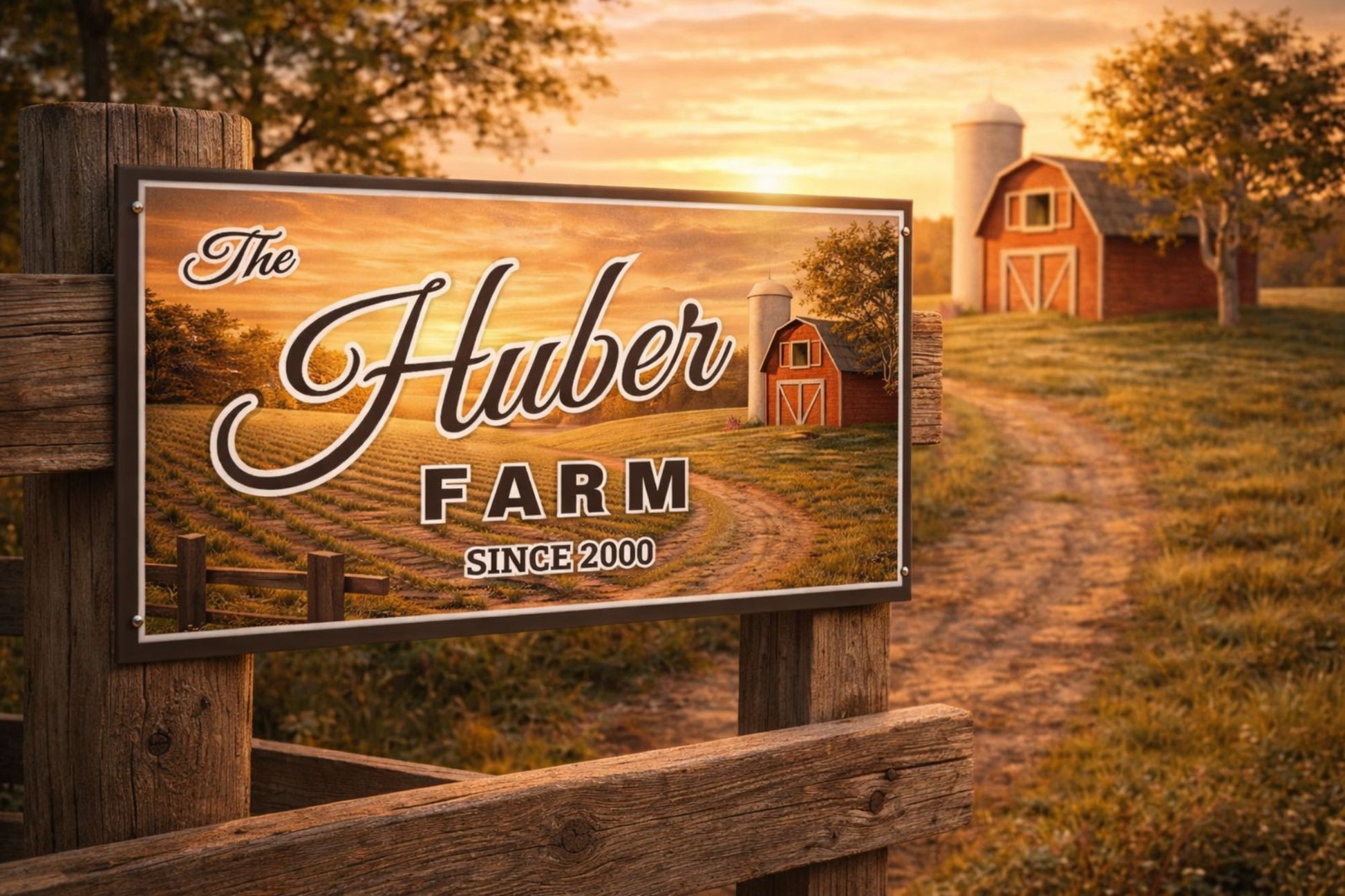 Custom farm sign mounted on a wooden fence with barn and rural landscape in the background