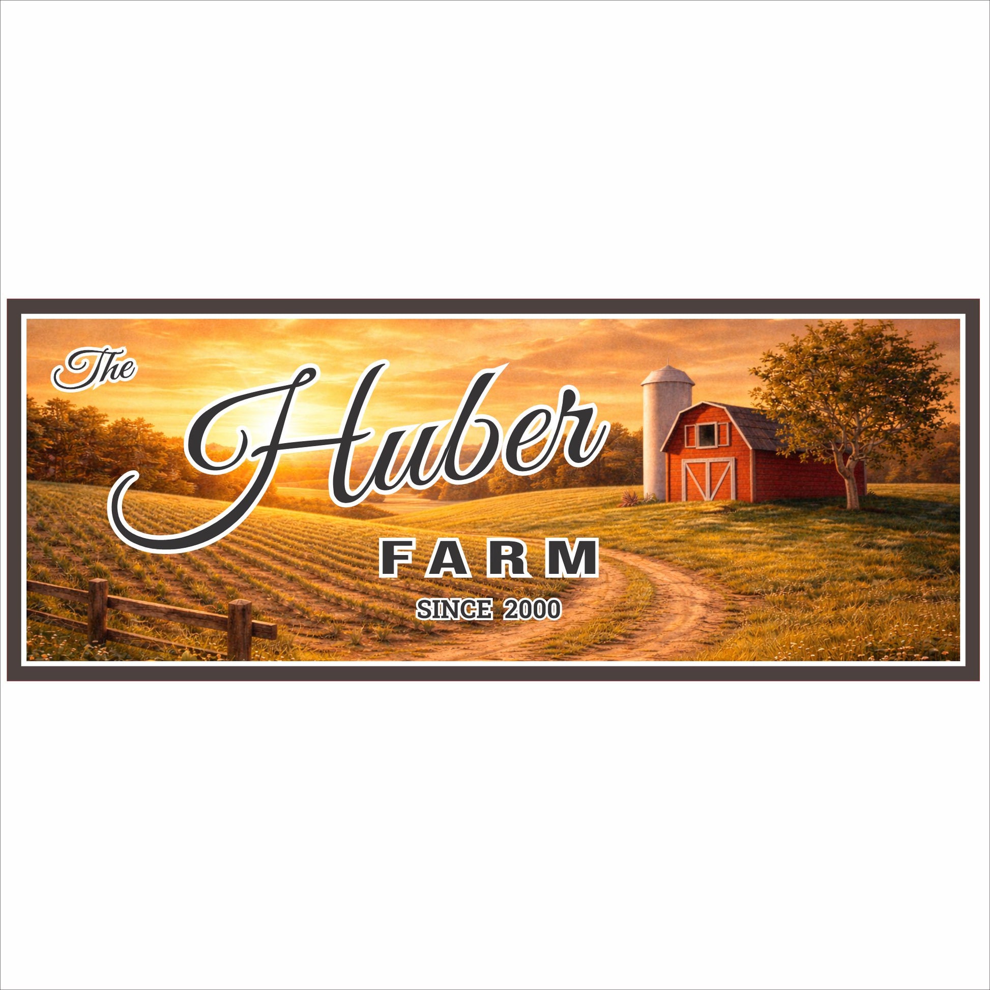 Personalized farm sign with red barn, country road, and sunset scenery featuring custom family farm name