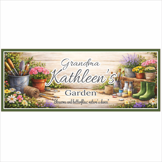 Personalized garden sign with flowers, gardening tools, and custom grandma name