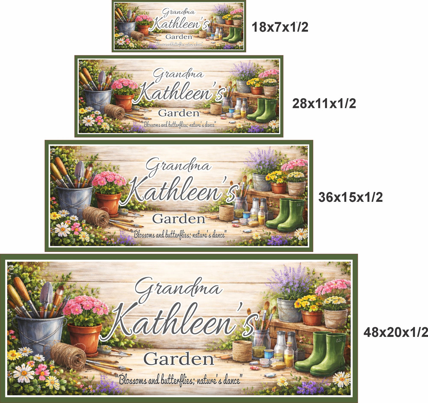 Personalized garden sign shown in four sizes: 18x7, 28x11, 36x15, and 48x20 inches