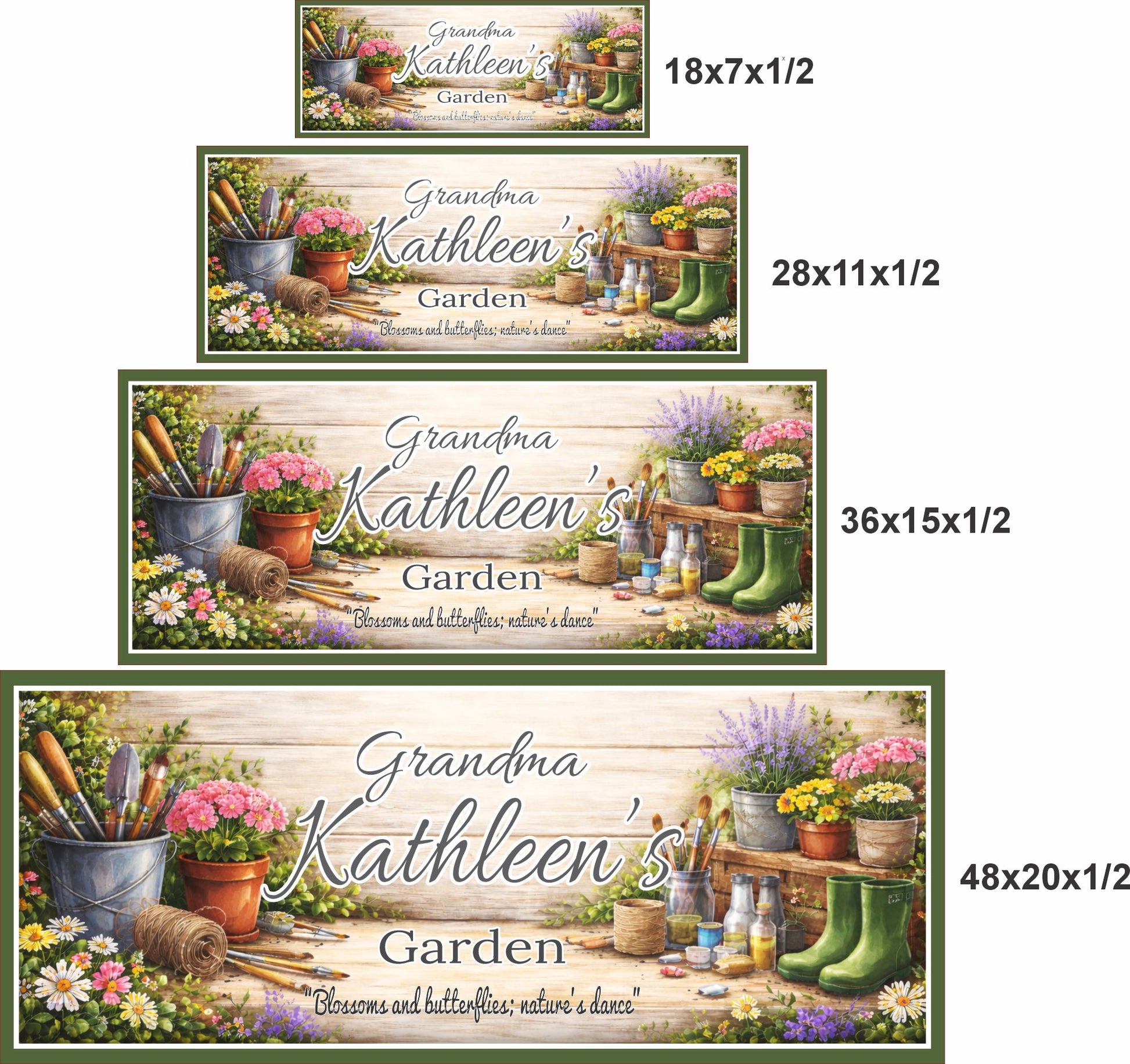Personalized garden sign shown in four sizes: 18x7, 28x11, 36x15, and 48x20 inches