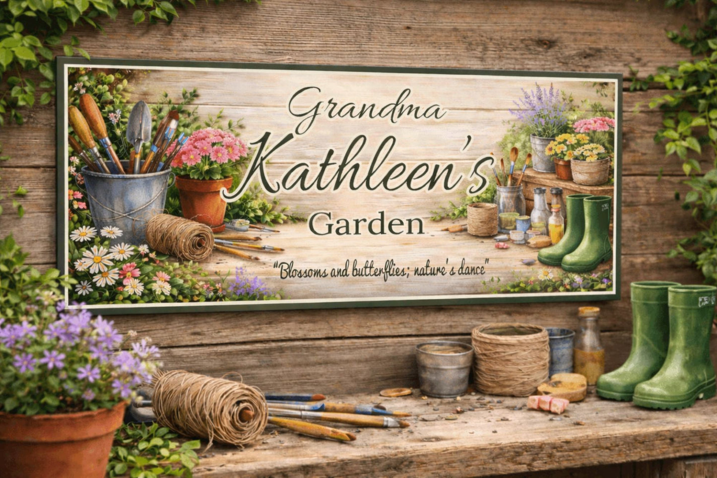 Custom garden sign mounted on a garden wall with flowers, pots, and outdoor decor