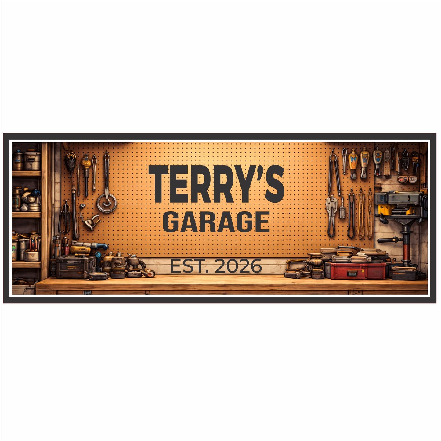 personalized garage sign with tool bench illustration and custom name text
