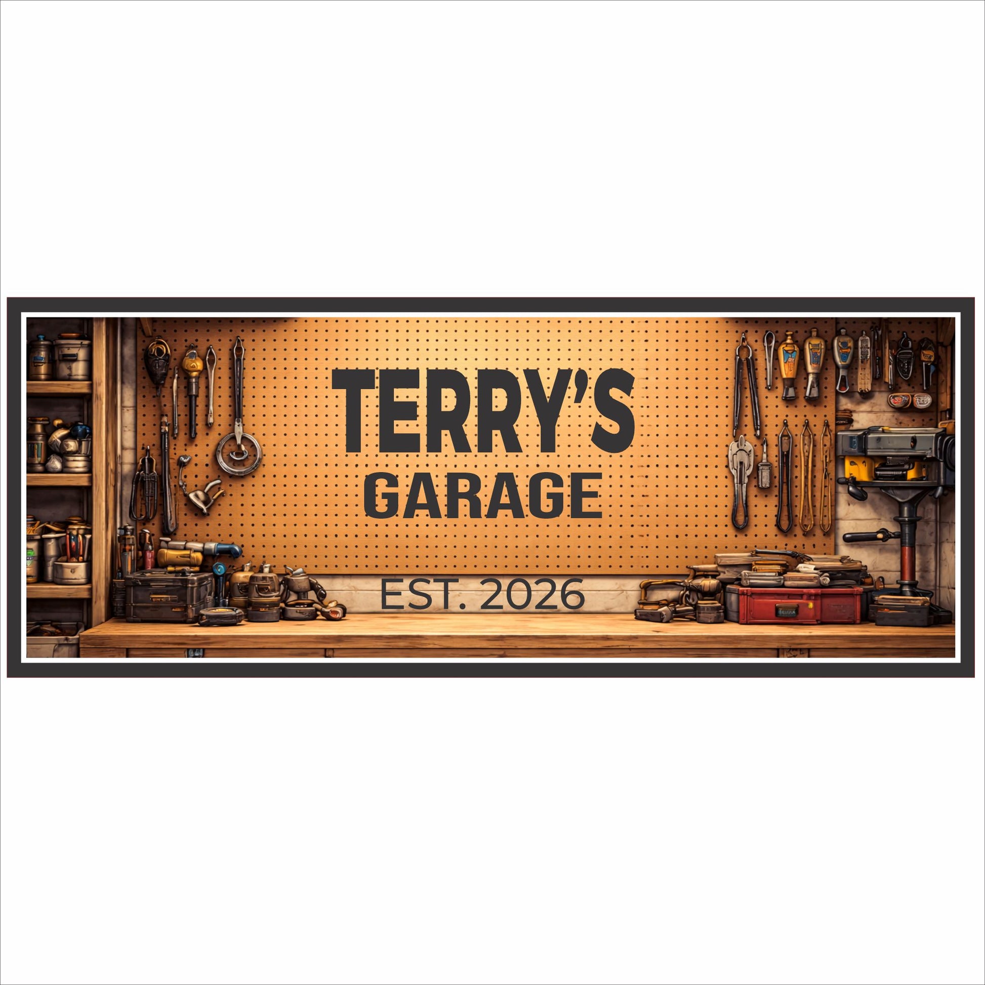 personalized garage sign with tool bench illustration and custom name text