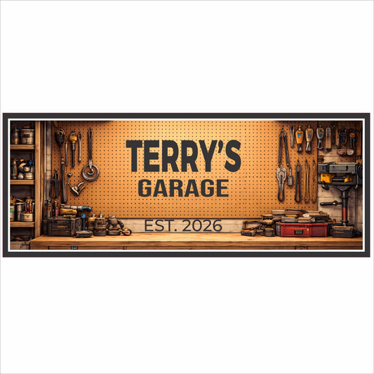 personalized garage sign with tool bench illustration and custom name text