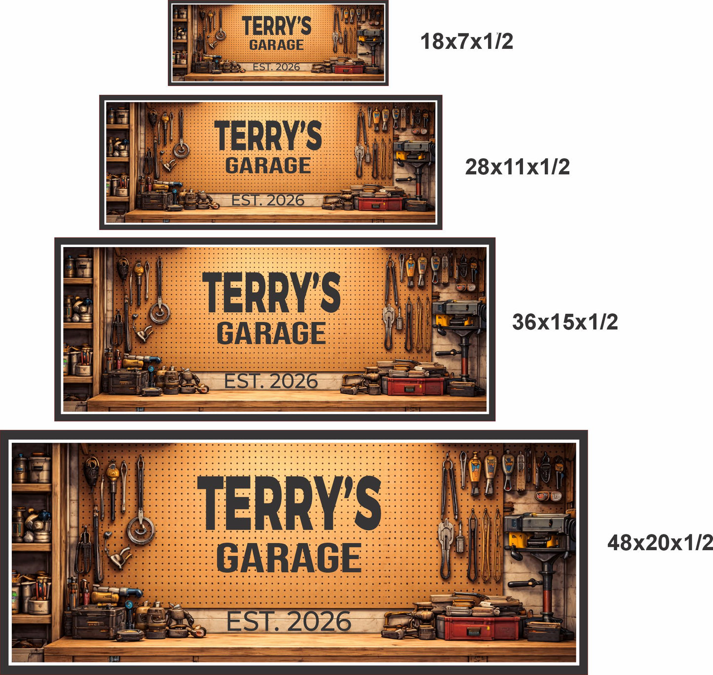 garage sign size comparison showing four available sizes