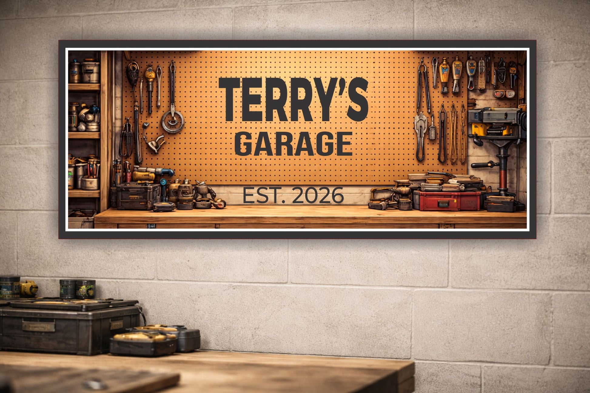 garage workshop sign displayed on wall in workshop setting