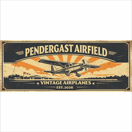 Personalized vintage aviation sign featuring retro airplane artwork and custom airfield text in navy and cream colors