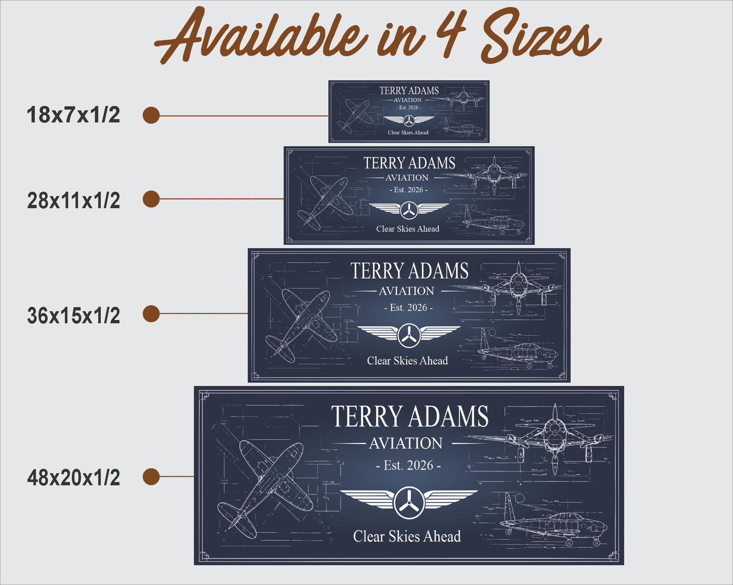 Size comparison chart showing all four available aviation sign sizes