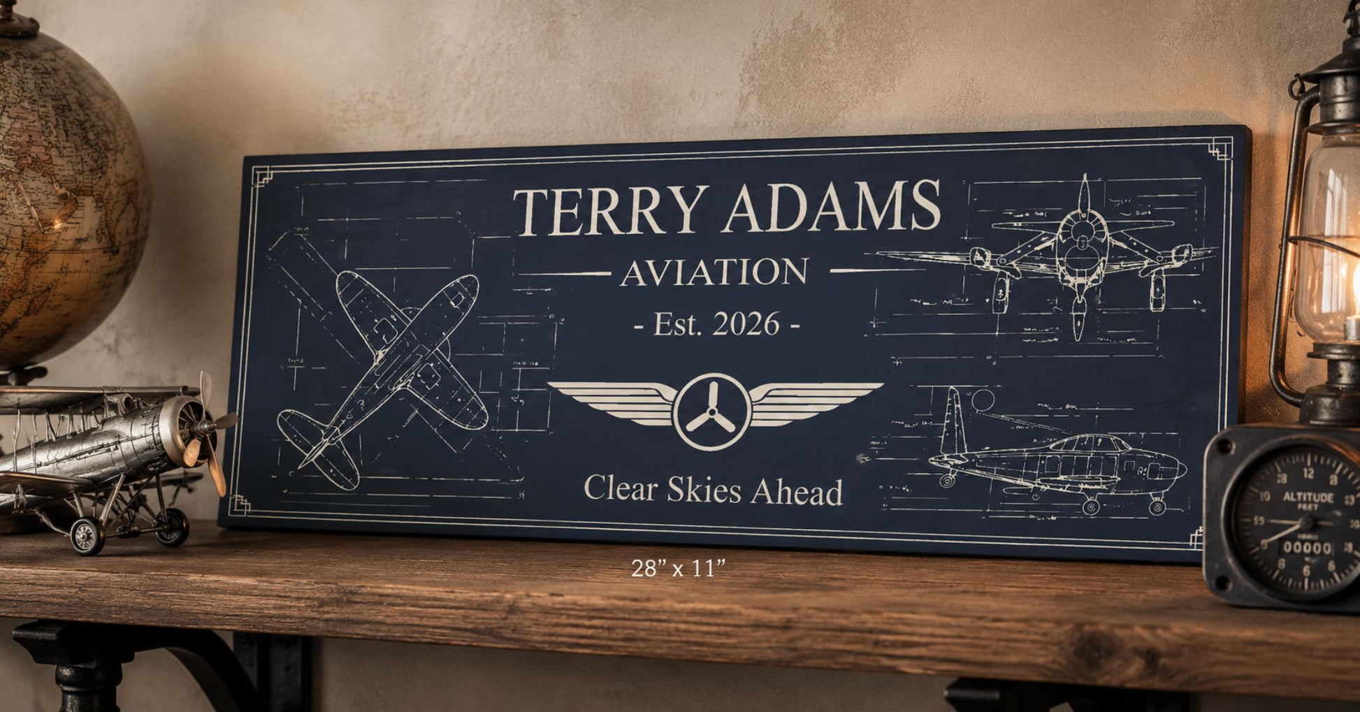 Personalized aviation blueprint sign displayed on rustic shelf with airplane model and pilot decor