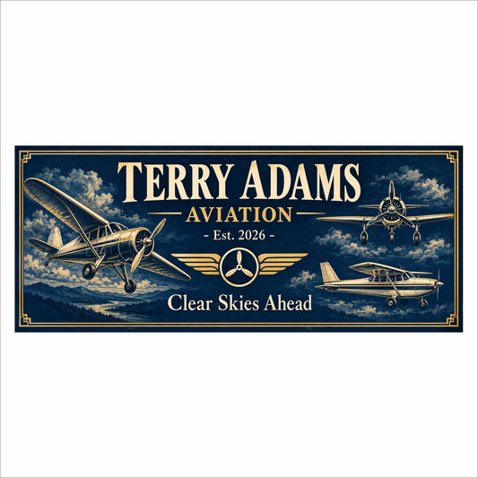 Custom aviation sign with cream name lettering, gold accents, three vintage airplanes, an established year, and “Clear Skies Ahead” on a navy background.