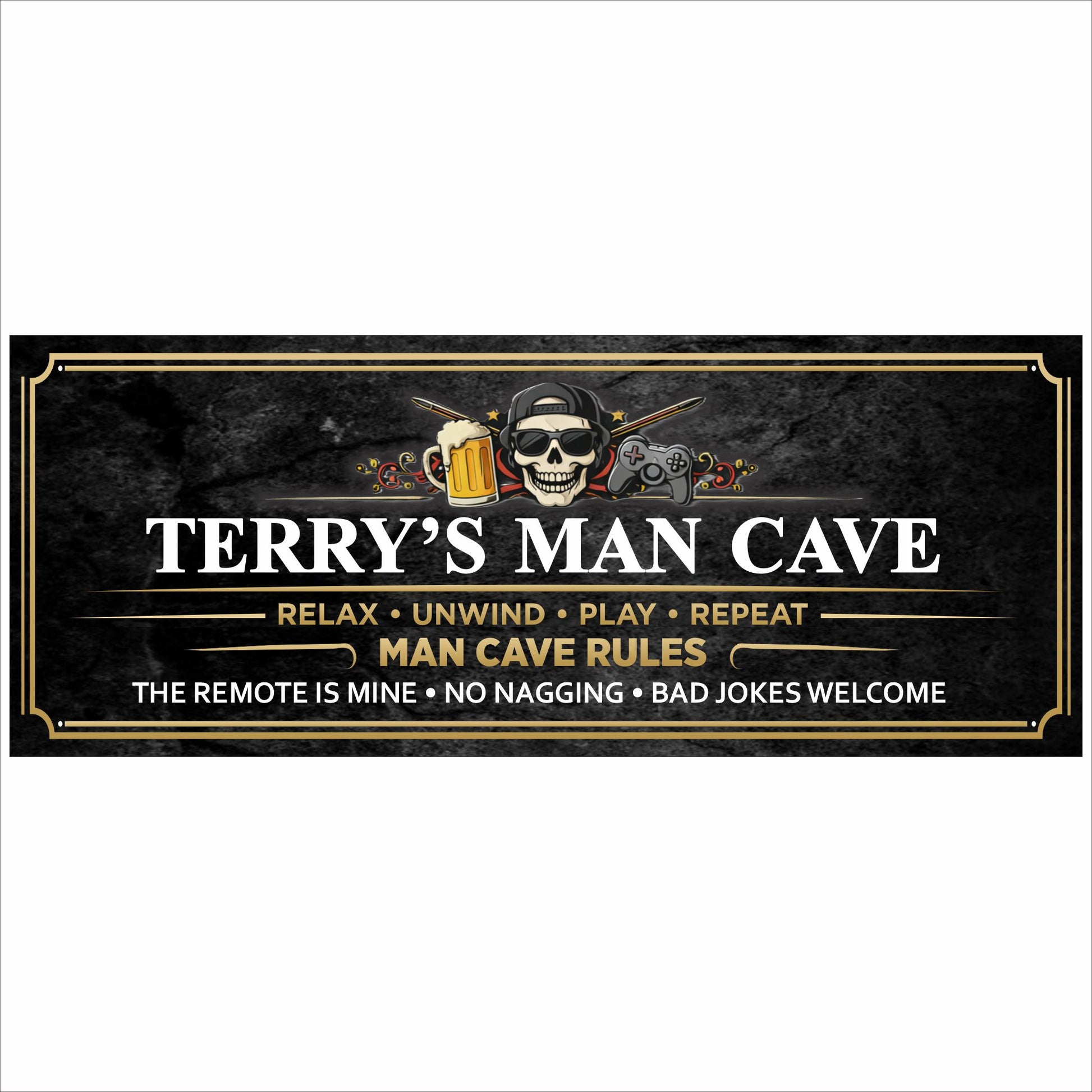 Personalized man cave rules sign with skull beer and gaming theme