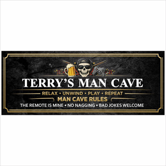 Personalized man cave rules sign with skull beer and gaming theme