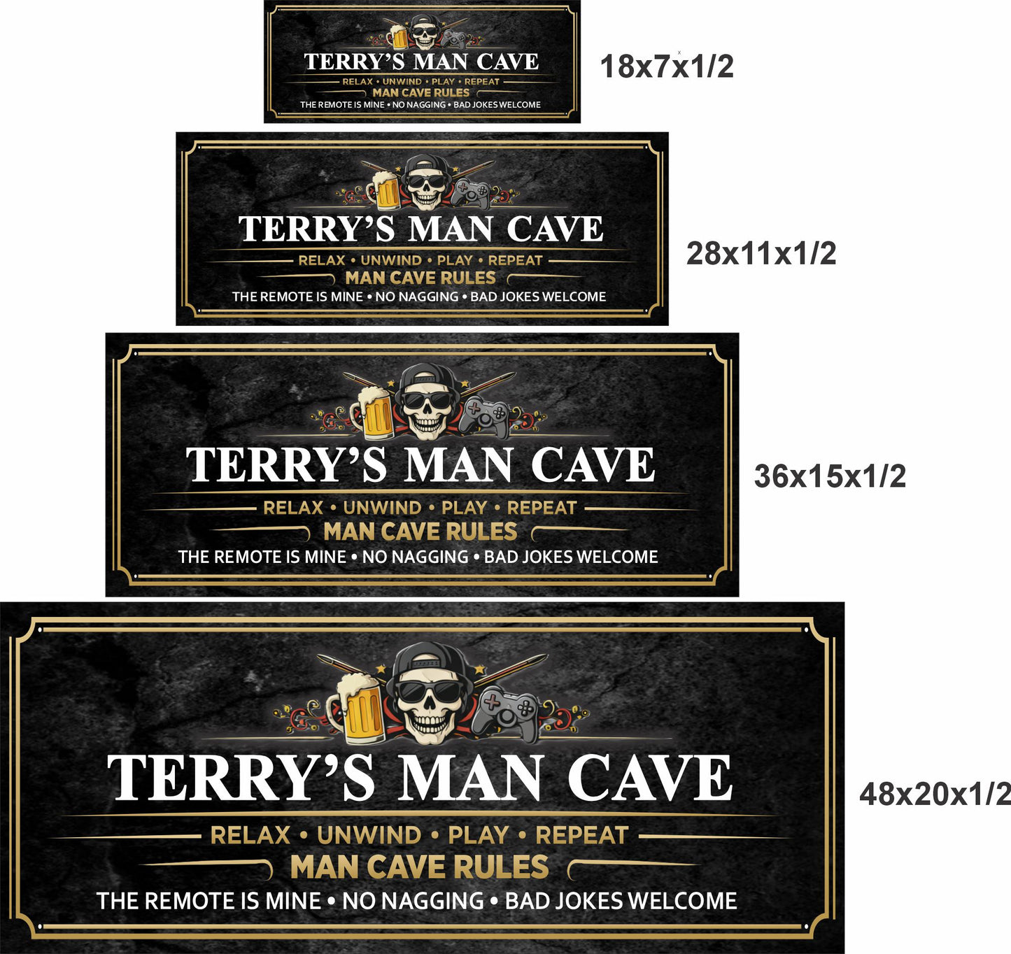Man cave sign size comparison showing four available sizes