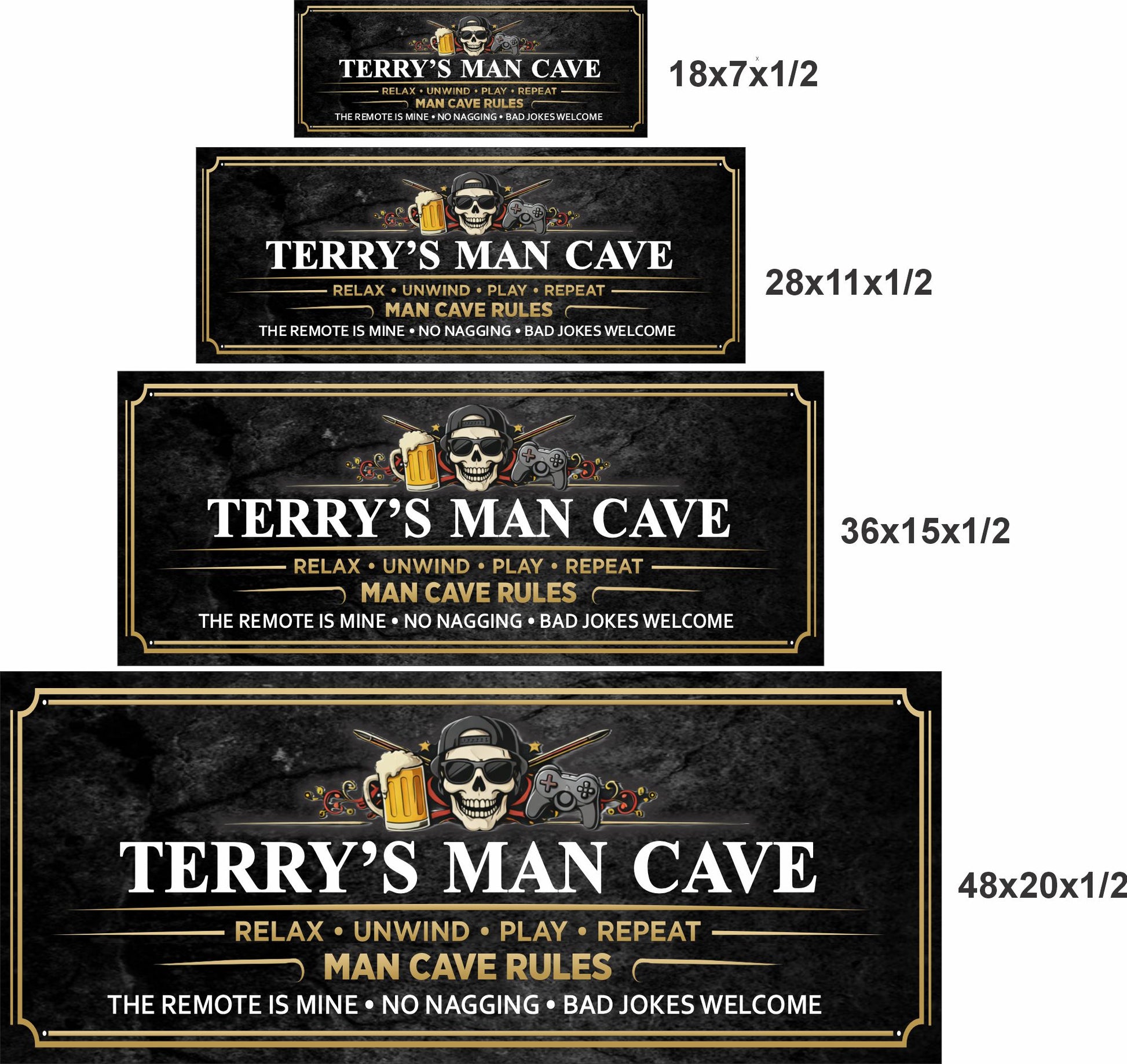 Man cave sign size comparison showing four available sizes