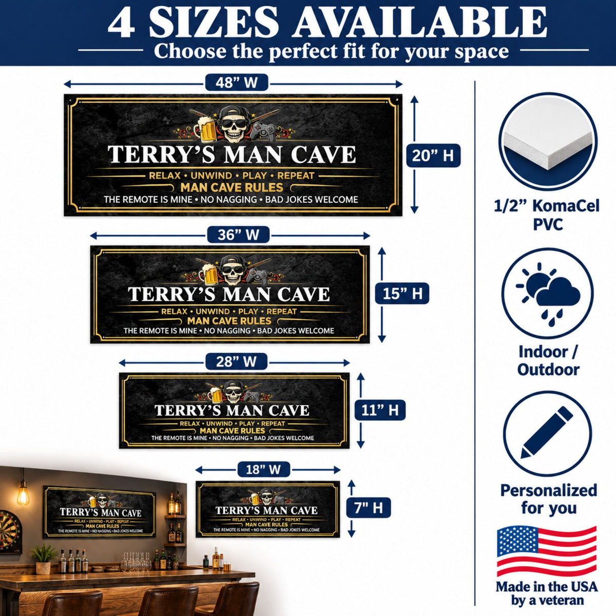 Man cave sign size guide showing 18 × 7, 28 × 11, 36 × 15, and 48 × 20-inch options with dimension arrows, 1/2-inch KomaCel PVC, and indoor/outdoor use details.